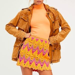 NWT Free People Heat of the Moment Crochet Mini Skirt yellow/orange/pink size L